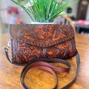 Floral Embossed Brown Leather Bag